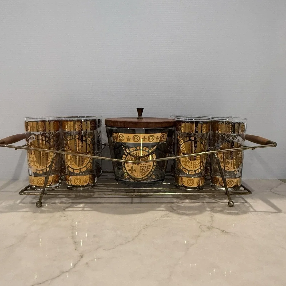 VTG MCM Vito Bari Barware Set 8 Highball Glasses, Ice Bucket & Caddy 22KT Gold